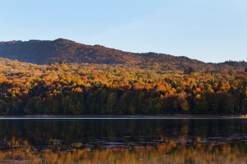 Autumn mirror reflection in lake Pasanauri, Georgia