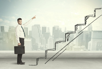 Fototapeta premium Business man climbing up on hand drawn staircase concept