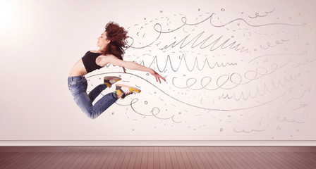 Pretty woman jumping with hand drawn lines and arrows come out