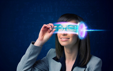 Woman from future with high tech smartphone glasses