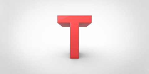 T 3D font big red letter standing on white gray background