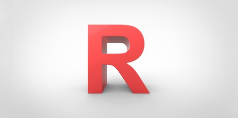 R 3D font big red letter standing on white gray background