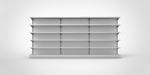 Empty gray retail shelves on a plain background