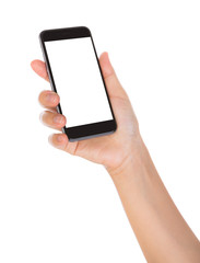 Hand holding mobile smart phone with blank screen Isolated on wh