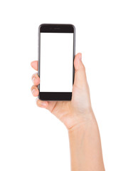 Hand holding mobile smart phone with blank screen Isolated on wh