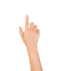 Obraz premium Woman hand touching virtual screen isolated on white background