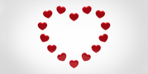 3D red Hearts Shapes form on a white gray background