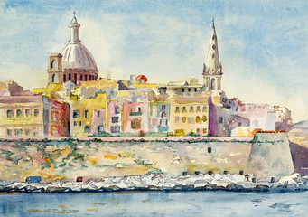 A watercolor painting of Valletta, Malta