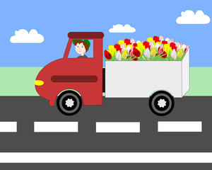 Truck driving on the freeway, transportation flowers