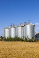 four silver silos in the field after the harvest