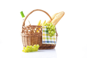 White wine, fruit and picnic food