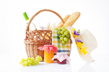 White wine, fruit and picnic food