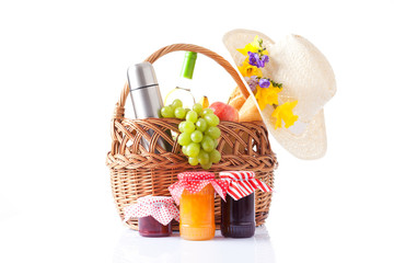 White wine, fruit and picnic food