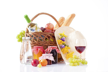 White wine, fruit and picnic food