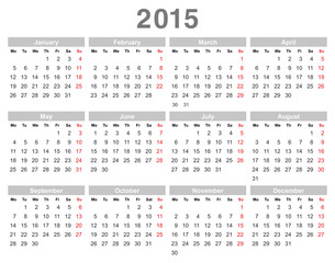 2015 year annual calendar (Monday first, English)