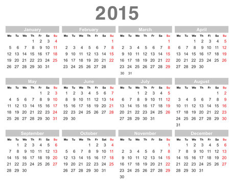 2015 year annual calendar (Monday first, English)