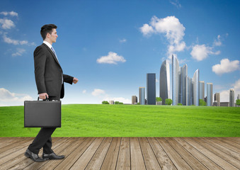 Businessmann vor Landschaft mit Stadt