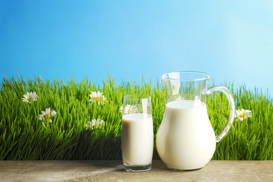 Milk jug and glass on grass