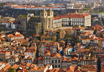 Roofs of old city and The Porto Cathedral (Se do Porto) in Porto - obrazy, fototapety, plakaty