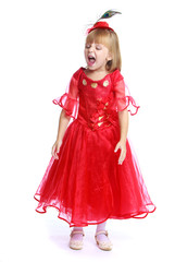 Little girl in a red ball gown.