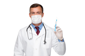 Veterinarian in mask holding injector