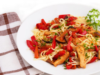 Fried chicken fillet, mushrooms and vegetables