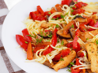 Fried chicken fillet, mushrooms and vegetables