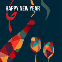 New year greeting card,polygon bottle of wine,glasses, vector