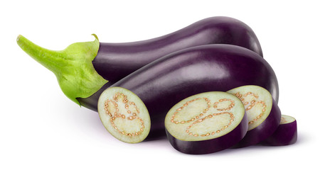 Isolated eggplant. Group of cut eggplants over white background, with clipping path