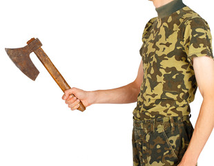 Soldier in uniform with an ax in the hands