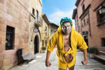 Strange man with face pack in the street