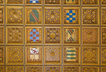 Seville - wooden ceiling in Casa de Pilatos with the arms.