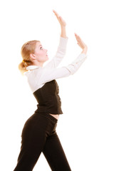 Obraz premium Businesswoman pushing away blank copy space