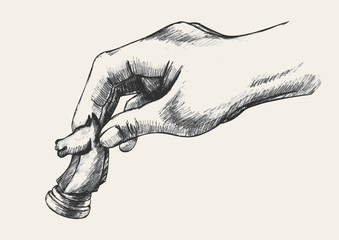 Sketch illustration of a human hand holding chess knight piece © rudall30