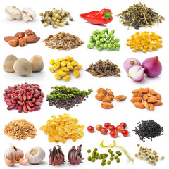 set of grains and herbs on white background