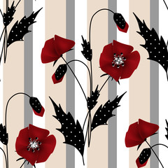 Seamless floral pattern with red poppies background