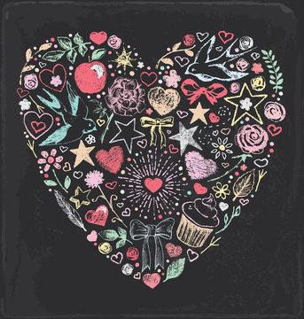 Hand Drawn Vintage Chalkboard Romantic Heart Elements