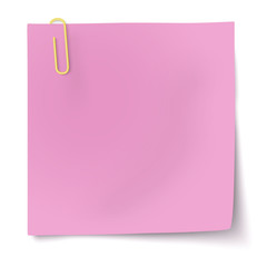 Rosy sticky note with yellow paper clip isolated on white