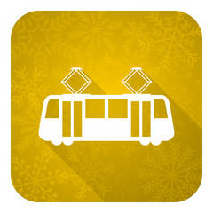 tram flat icon, gold christmas button, public transport sign