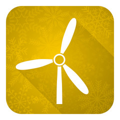 windmill flat icon, gold christmas button, renewable energy sign