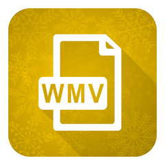 wmv file flat icon, gold christmas button