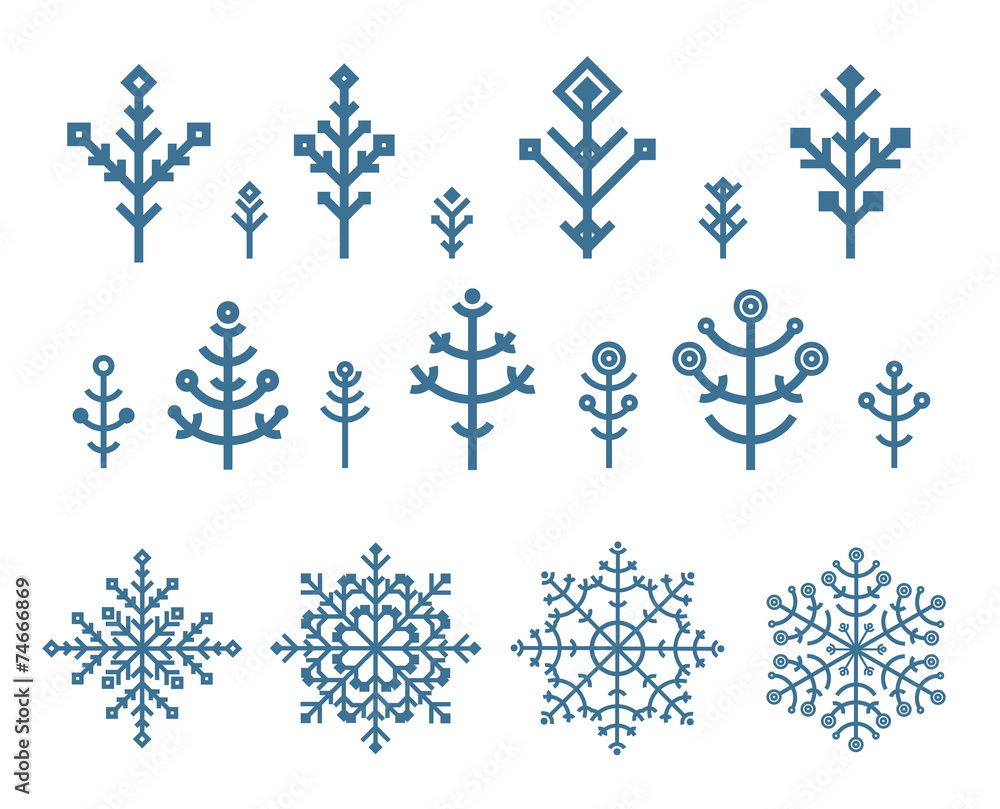 Poster Different snowflake elements set. Design template