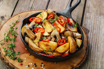 Fried potatoes with mushrooms in a frying pan