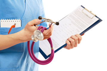 Close-up image of stethoscope and XR prescriprion - side view