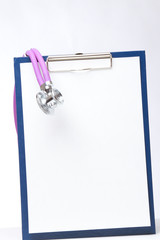 A medical stethoscope on a clipboard, isolated on white