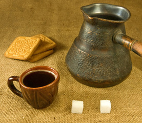 cup of coffee, cezve and cookies