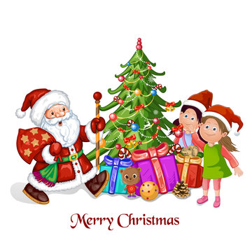 Santa Claus with children and Christmas tree