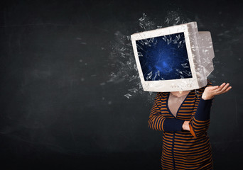 Computer monitor screen exploding on a young persons head
