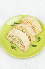 Lavash rolls with crab meat, cheese,eggs and herbs