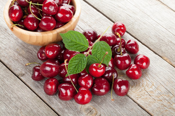 Ripe cherries on wooden table